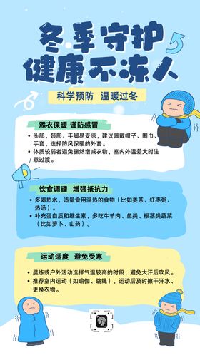 蓝黄绿色卡通手绘风冬季温馨提示海报