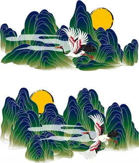 中式山水仙鹤图案设计