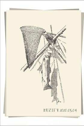 网兜鱼竿鱼素描画