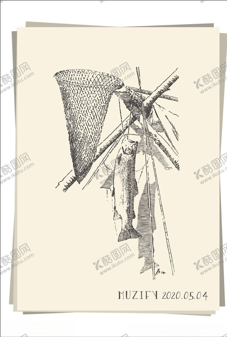 编号：90095006250733508311【酷图网】源文件下载-网兜鱼竿鱼素描画