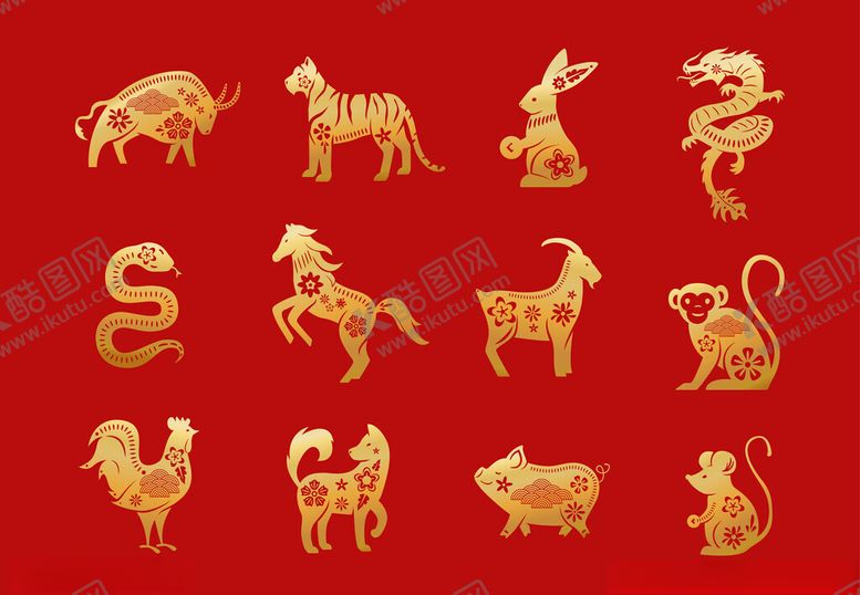 编号：95237404132256216375【酷图网】源文件下载-十二生肖金色图案展示