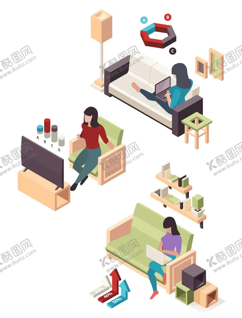 编号：80170502272022204893【酷图网】源文件下载-在家办公矢量等距插画元素
