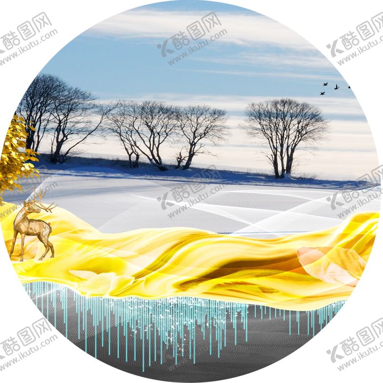 编号：77485801131508116876【酷图网】源文件下载-绸布树麋鹿圆形挂画装饰画