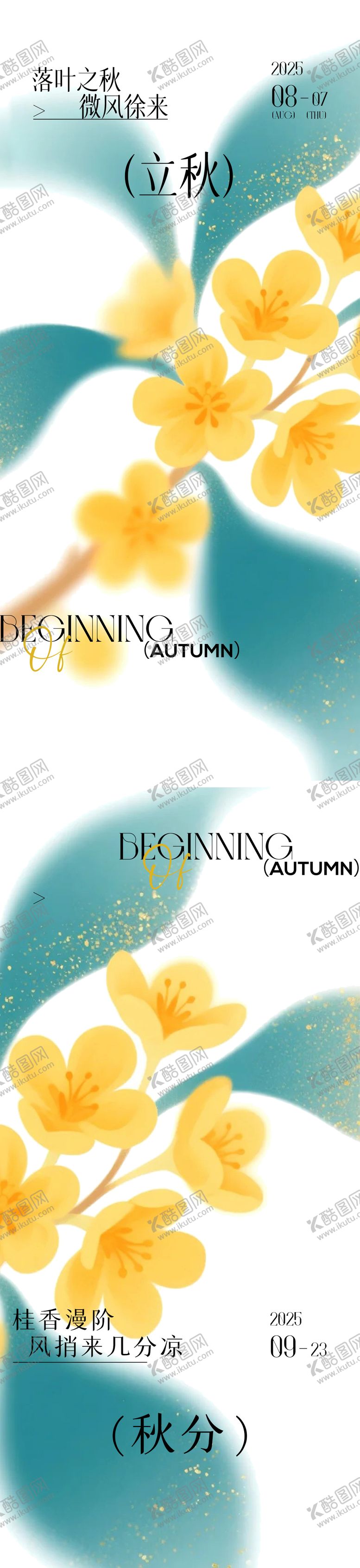 立秋秋分秋季24节气桂花海报插画二十四
