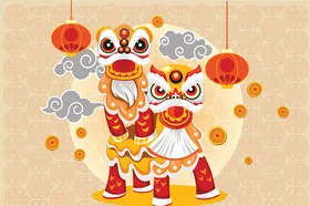 新年元素线条花朵背景卡通牛角色舞狮