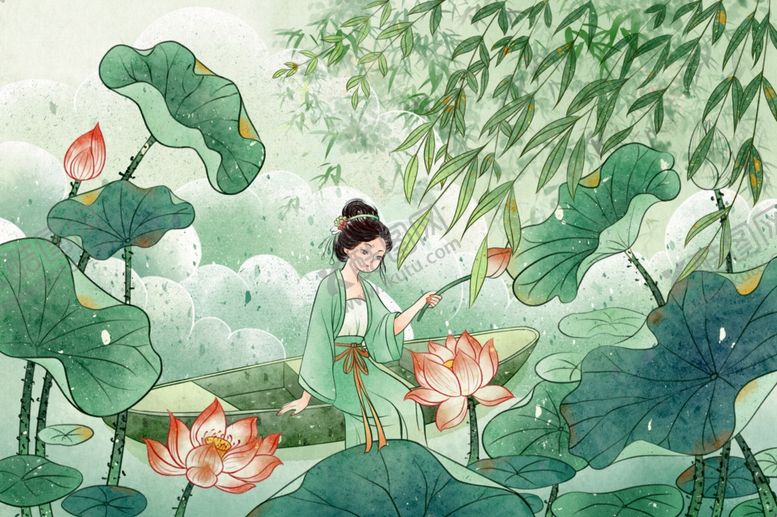 编号：37877810120409249203【酷图网】源文件下载-荷塘佳人插画