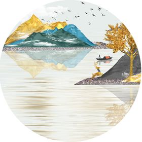 水墨湖泊麋鹿艺术风景画装饰画