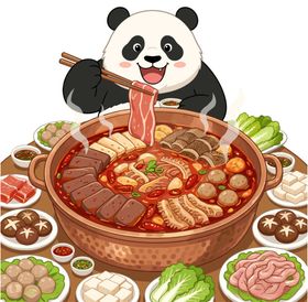 熊猫吃火锅插画