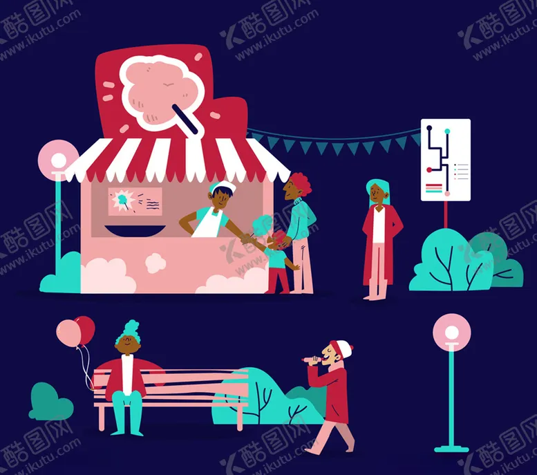 编号：71483407071327041712【酷图网】源文件下载-创意夜晚棉花糖店和人物