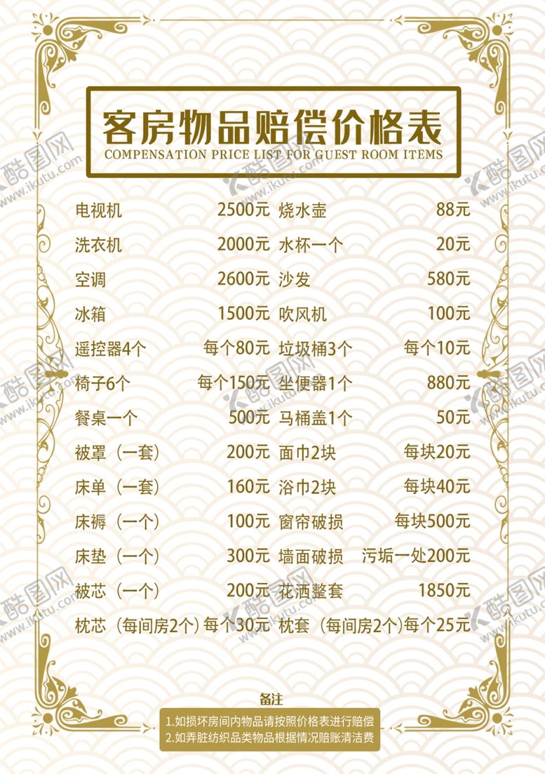 编号：32020802271532142252【酷图网】源文件下载-客房物品赔偿表