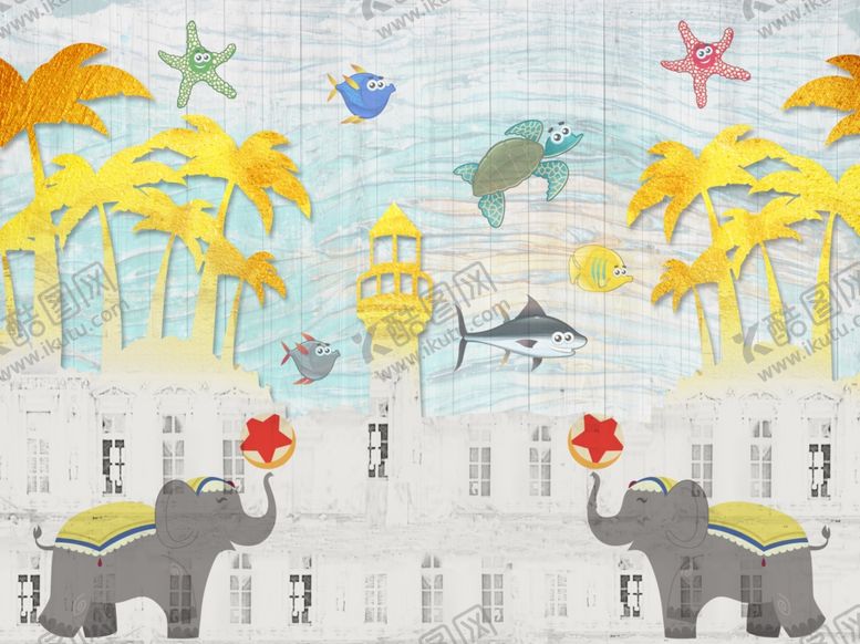 编号：20950409172343187511【酷图网】源文件下载-海洋风情儿童房卡通背景墙