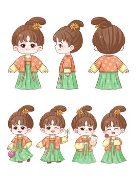 古风女孩多样造型插画