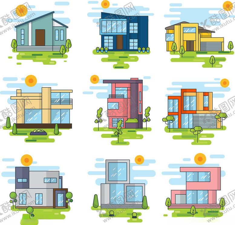 编号：94679706300630473811【酷图网】源文件下载-多彩现代风格房屋插画