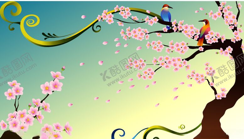 编号：91923805081310282167【酷图网】源文件下载-梅花抽象画凋落花瓣鸟