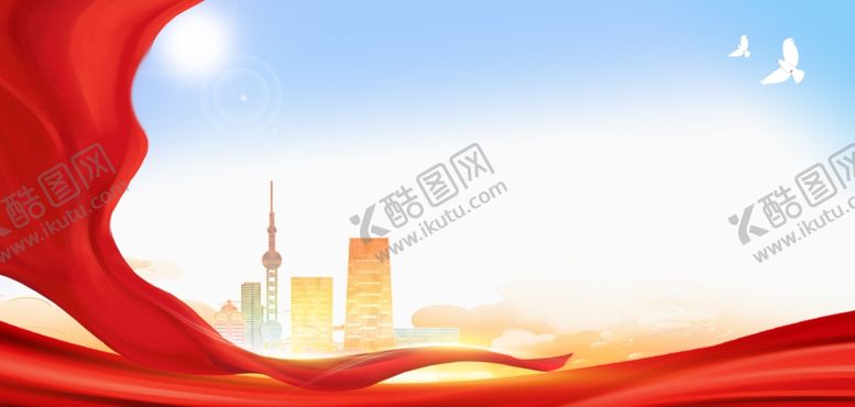 编号：16018104032110235489【酷图网】源文件下载-飘扬红绸下的城市背景