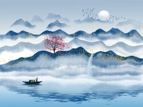 蓝色意境山水二联装饰画