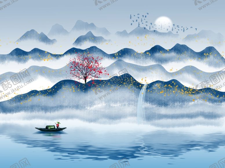 编号：89283410291008151185【酷图网】源文件下载-蓝色意境山水二联装饰画