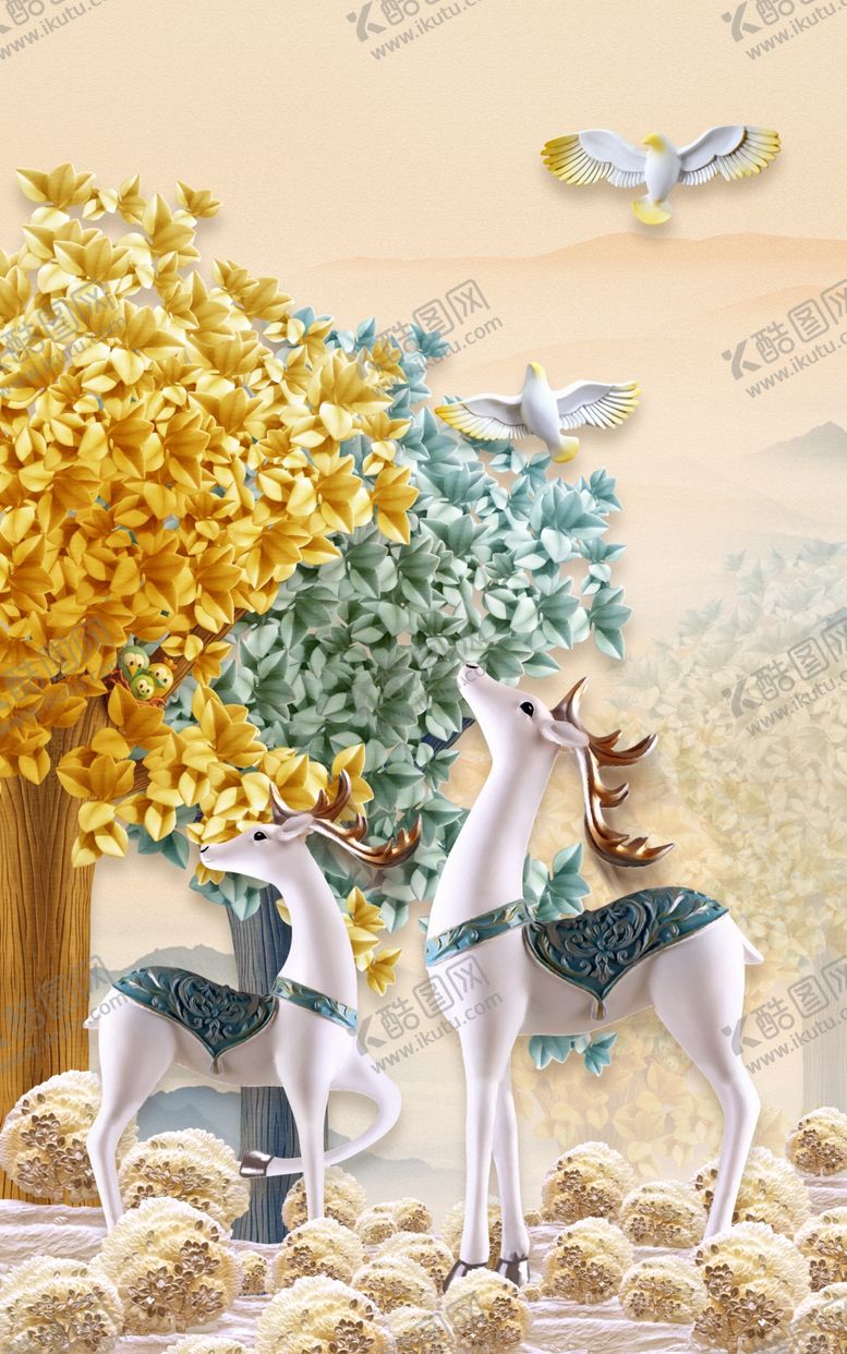编号：14466909270455489860【酷图网】源文件下载-北欧抽象发财树麋鹿装饰画