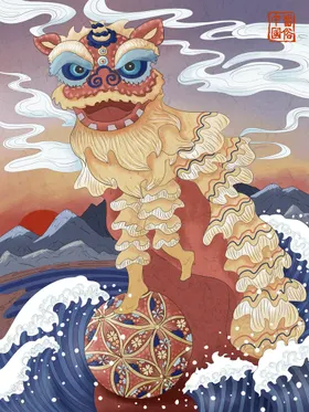中国风插画民族单透传统文化狮子