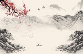 水墨中式山水背景装饰画设计
