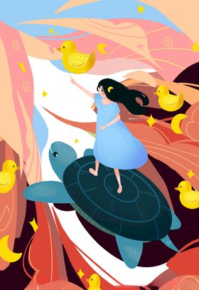 海龟女孩插画儿童节海报图片