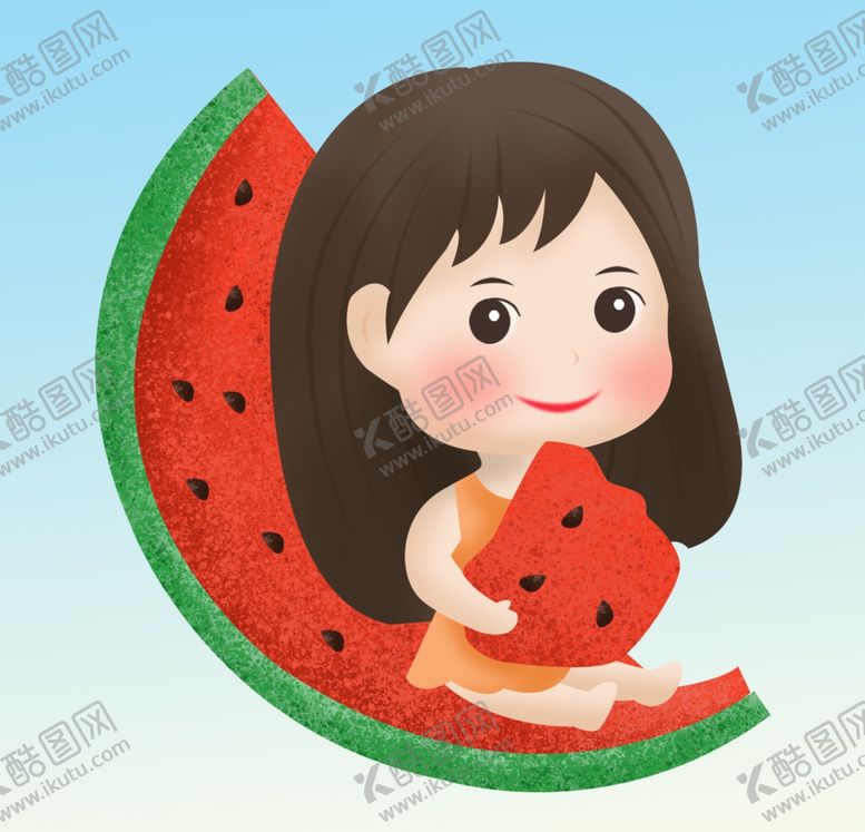 编号：46707809220604086588【酷图网】源文件下载-夏天之手绘卡通的小女孩吃西瓜