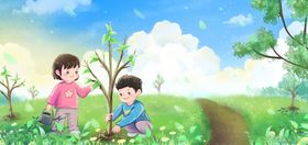 手绘儿童植树节插画图片