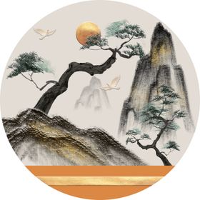 中式山水发财树国画装饰画