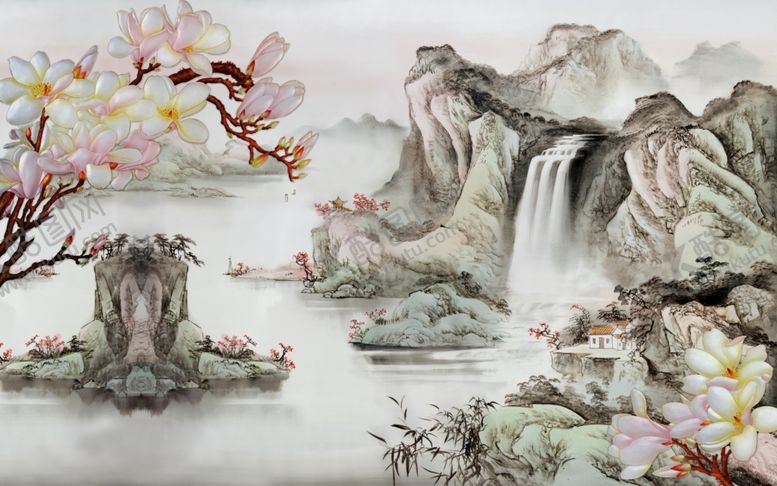 编号：60884010102130198529【酷图网】源文件下载-玉兰花山水背景墙
