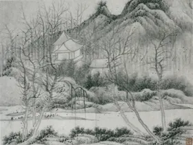 水墨画清代庭院山绘书法古