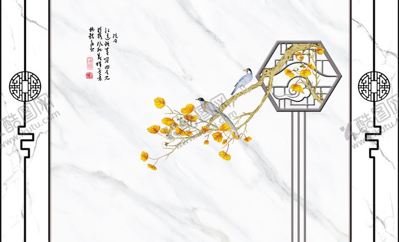 编号：62604211032014433642【酷图网】源文件下载-花鸟画枫叶大理石底纹背景墙