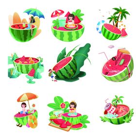 西瓜主题夏日场景插画