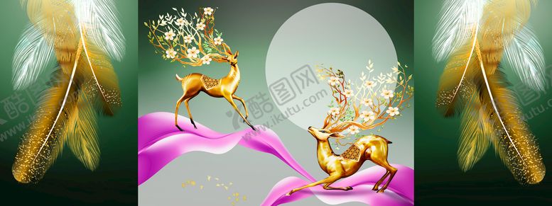 编号：50562411200805271072【酷图网】源文件下载-金色麋鹿羽毛艺术挂画装饰画