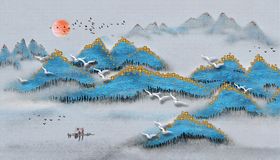 水墨山水小船鸽子太阳