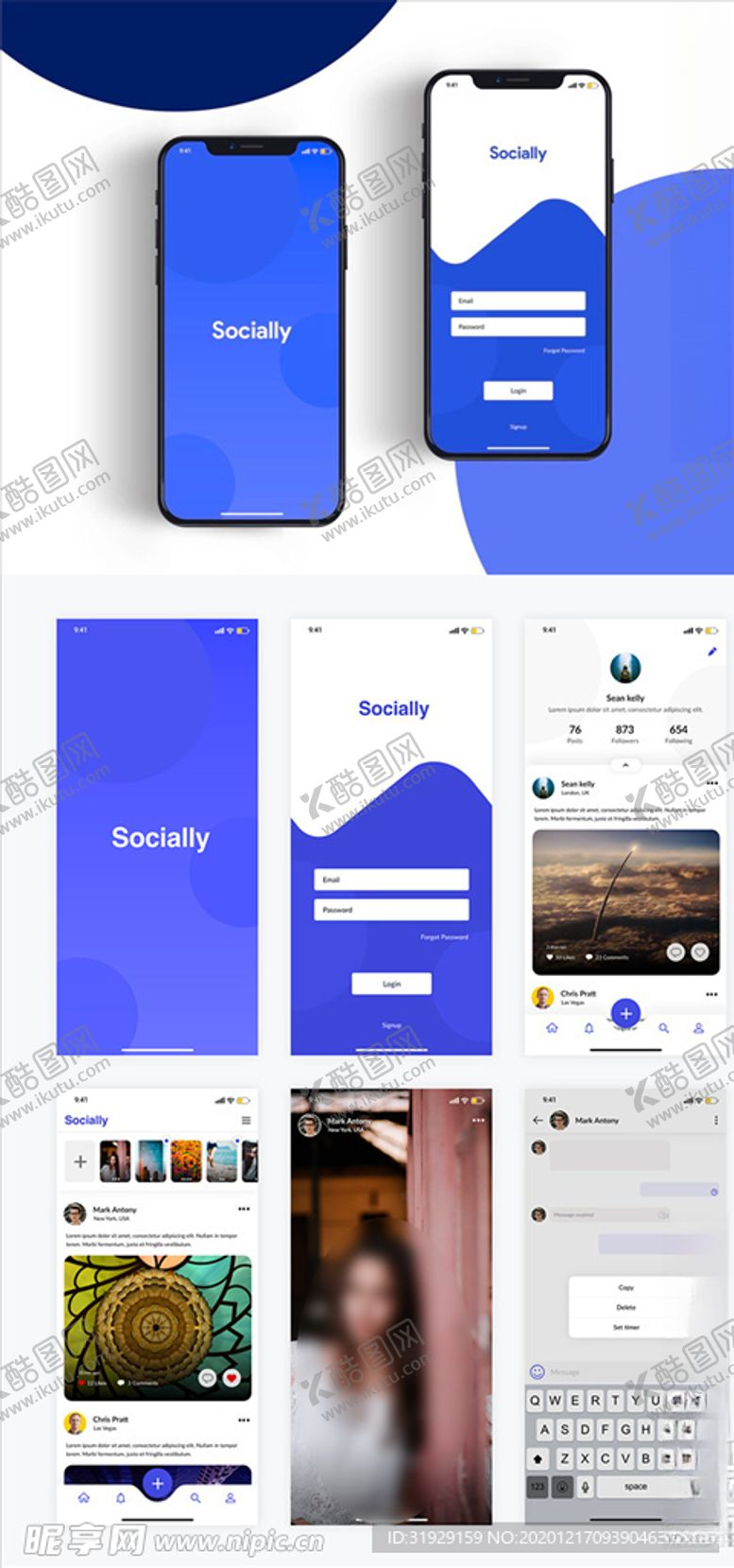 编号：58105304091820297079【酷图网】源文件下载-xd社交蓝色ui设计启动页登录