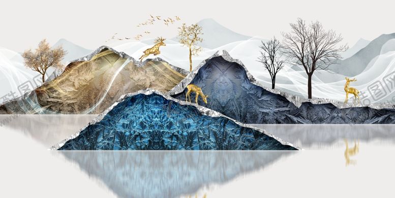 编号：97934001262144113153【酷图网】源文件下载-麋鹿山水意境晶瓷画