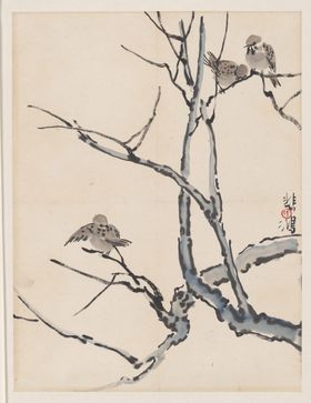 树枝鸟雀国画