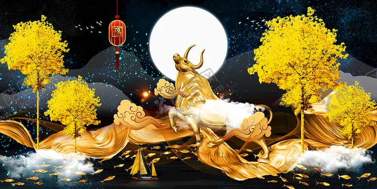 编号：53068109131742170287【酷图网】源文件下载-金牛发财树中式挂画装饰画时尚三联无框画
