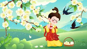 国潮春天梨花盛开古风仕女手绘插