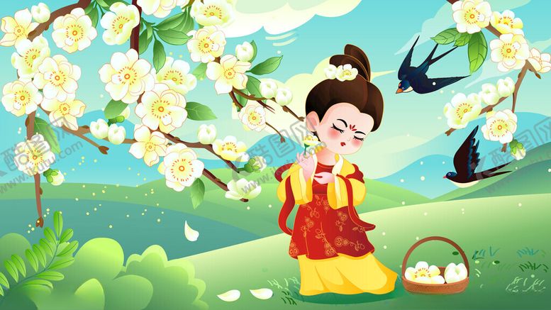 编号：52274104092355567614【酷图网】源文件下载-国潮春天梨花盛开古风仕女手绘插