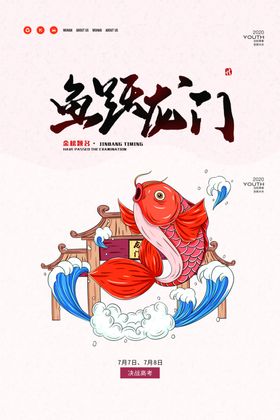 龙门锦鲤插画卡通国风复古海报