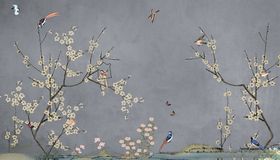 手绘画鸟梅花背景墙