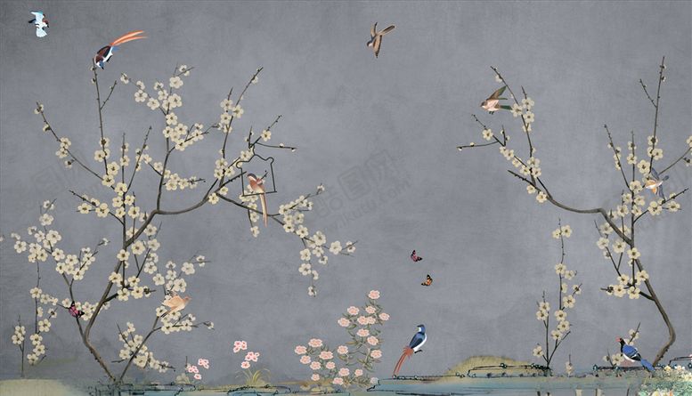 编号：46747605061139318875【酷图网】源文件下载-手绘画鸟梅花背景墙