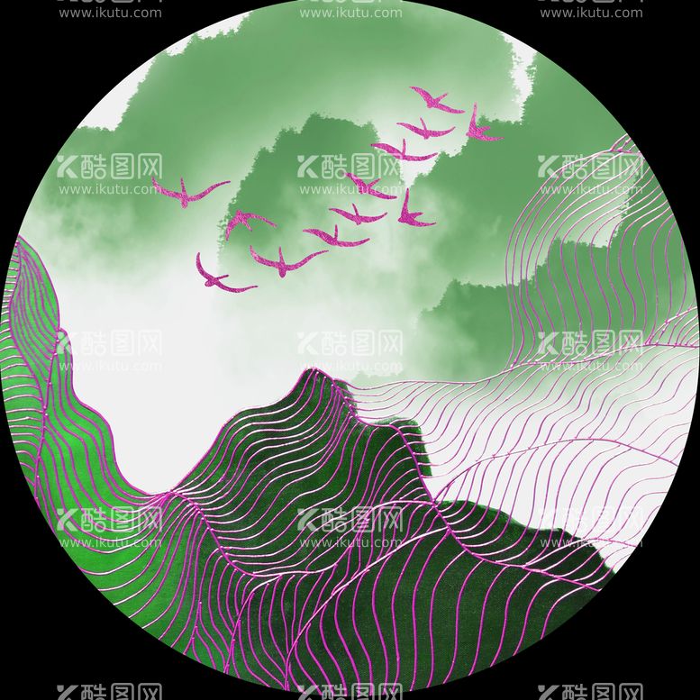 编号：34692109252235092843【酷图网】源文件下载-飞鸟山脉水彩圆形挂画装饰画