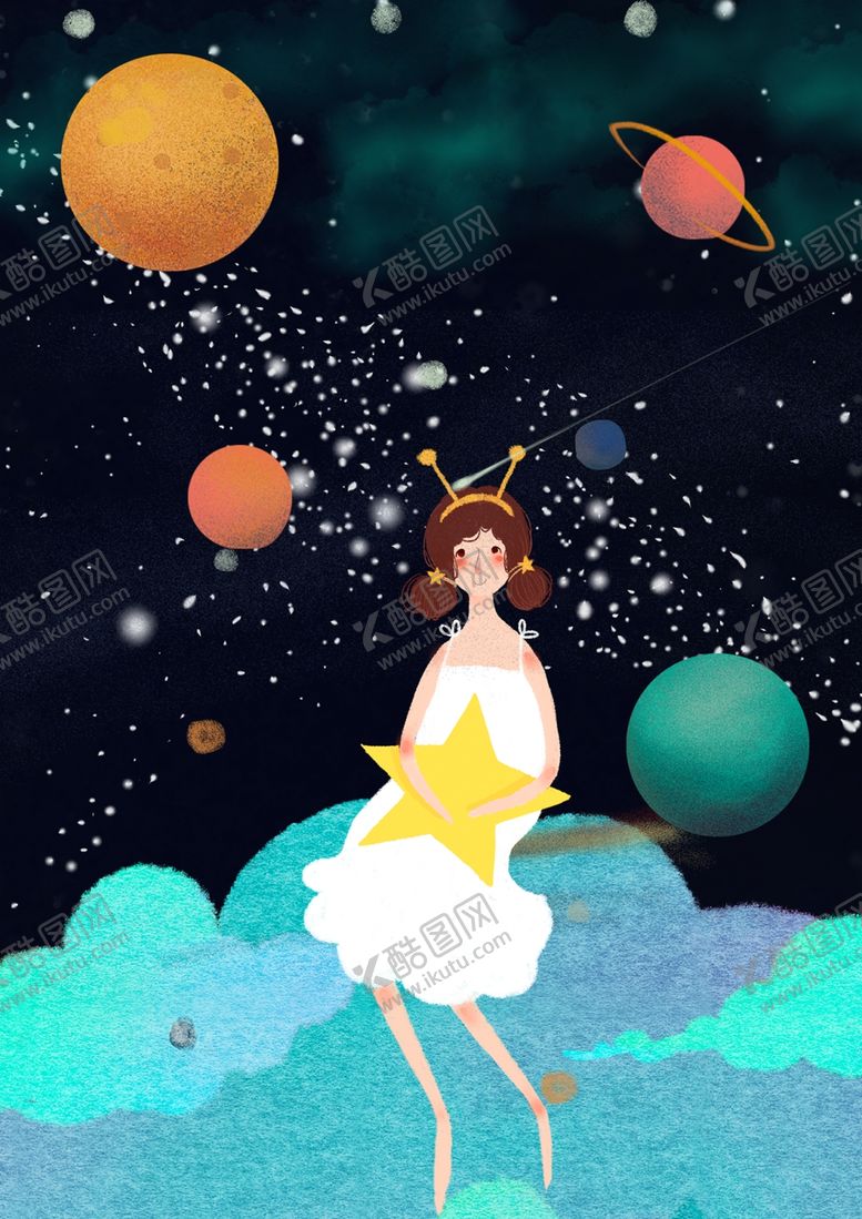 编号：14769801182037205100【酷图网】源文件下载-女孩夜晚星空插画
