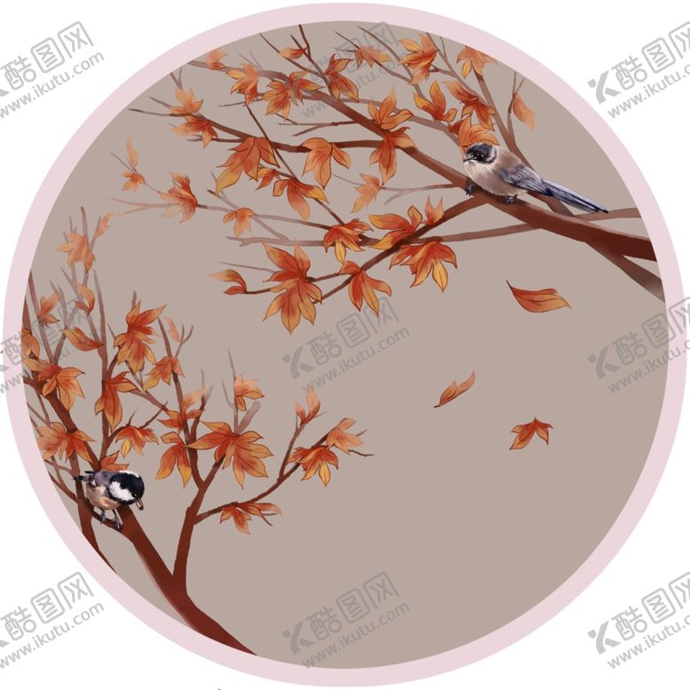 编号：10620109211400099902【酷图网】源文件下载-手绘花鸟壁画装饰画红枫