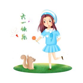 六一儿童节快乐小女孩松鼠手绘