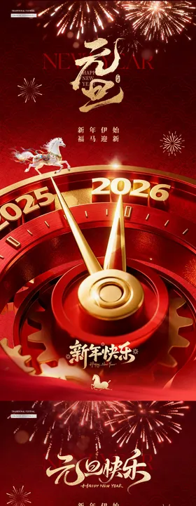 马年元旦新年跨年时针海报
