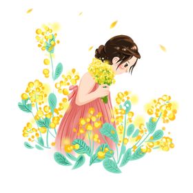 油菜花女孩水彩画