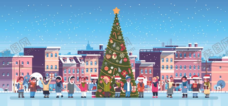 编号：14288509242226272608【酷图网】源文件下载-冬季圣诞节城市风景插画